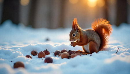 Squirrel eating nuts in snowy winter landscape at sunrise