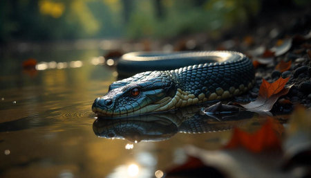 Snake resting in water near the forest edge