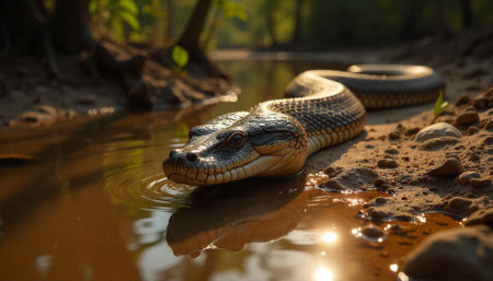 Broad banded water snake resting along river edge closeupの写真素材