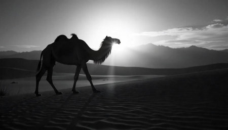 Camel silhouette in desert at sunset in black and whiteの写真素材