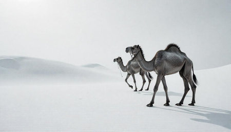 Camels traversing the desert landscape in a monochrome styleの写真素材