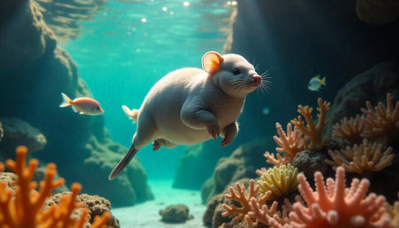Underwater opossum swims through coral reef with small fishの写真素材