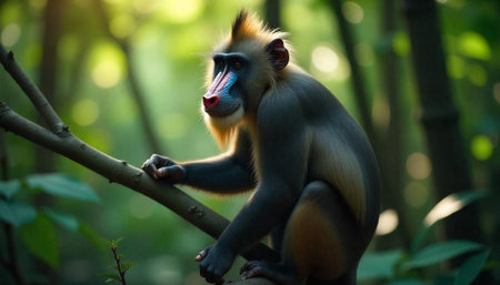 Mandrill monkey resting on branch in lush jungleの写真素材