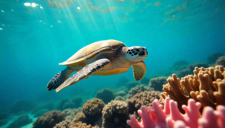 Sea turtle swimming gracefully through vibrant coral reef watersの写真素材