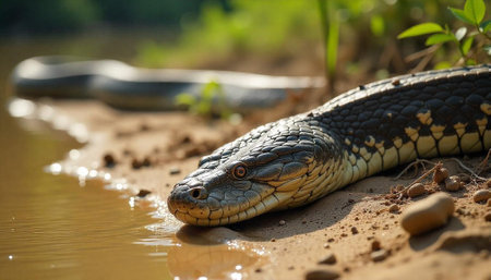 Anaconda rests at river's edge, an immersive portraitの写真素材