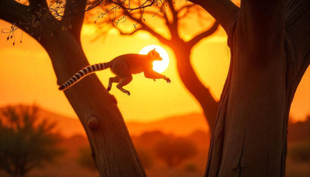 A lemur leaping across trees at sunset in Madagascarの写真素材