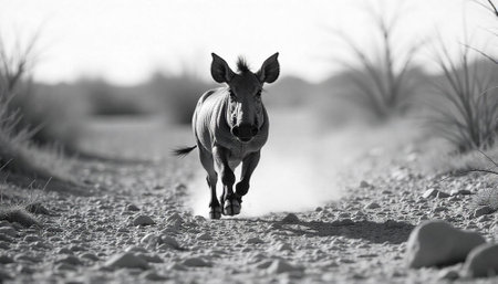 Warthog running on rocky road in black and whiteの写真素材