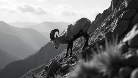 Majestic ram perched atop mountain ridge in monochrome tonesの写真素材