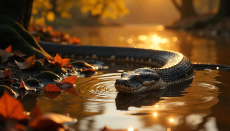 Snake swimming in reflective water during the autumn seasonの写真素材