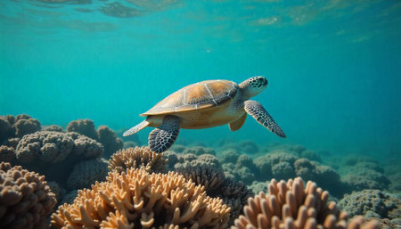 Sea turtle gracefully swimming above coral reef in oceanの写真素材