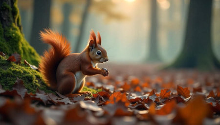Red Squirrel Holding a Nut in an Autumn Forestの写真素材