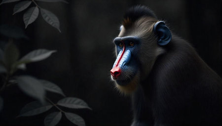 Striking Mandrill Portrait Amidst Dark Foliage and Shadowsの写真素材