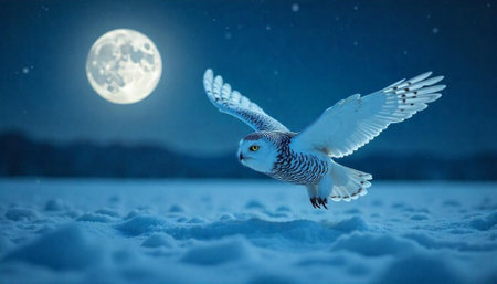 Snowy owl soars under the moonlight in winterの写真素材