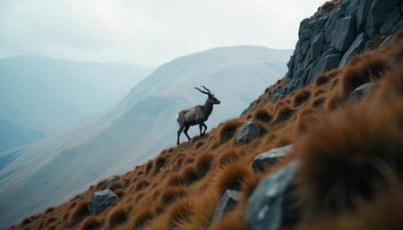Alpine Ibex walking on mountain slope in natural habitatの写真素材