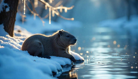 Capybara Resting by a Frozen River in Winter Lightの写真素材
