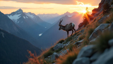 Deer standing on mountain ridge with sunrise and valleysの写真素材