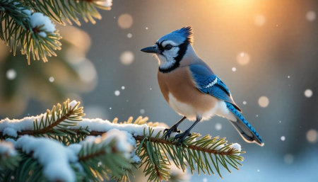 Blue jay perched on a snowy evergreen branchの写真素材