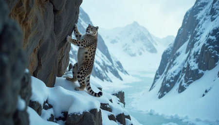 Snow leopard climbing rocky cliff in winter mountain landscapeの写真素材