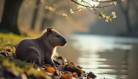 Capybara by the water's edge in a natural settingの写真素材