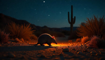 Armadillo in desert at night under starry skyの写真素材