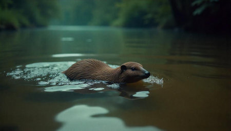 Beaver swimming in river water, natural environment viewの写真素材