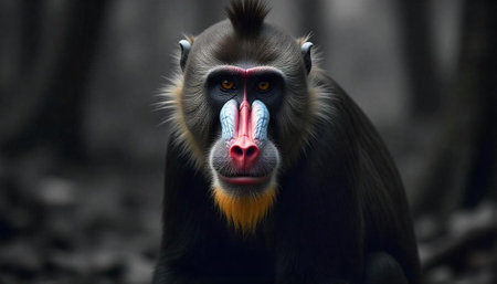 Close up portrait of a vividly colored mandrill monkeyの写真素材