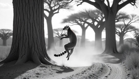 Ring-tailed lemur jumping near tree in monochrome forestの写真素材