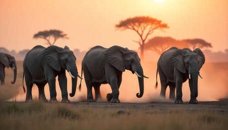 African elephants walk across the dusty savanna at sunsetの写真素材