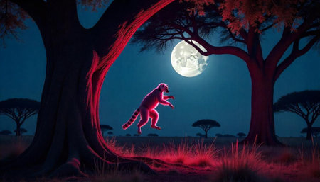 Ring-tailed lemur leaps beneath full moon in stylized landscape