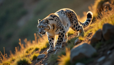 Snow Leopard on Hillside, Golden Light, Striking Imageの写真素材