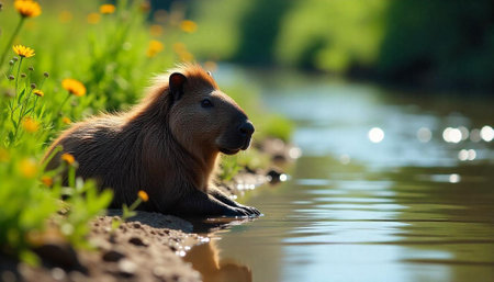 Capybara resting by tranquil stream on a sunny dayの写真素材
