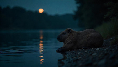 Capybara resting by still water at night with moonの写真素材