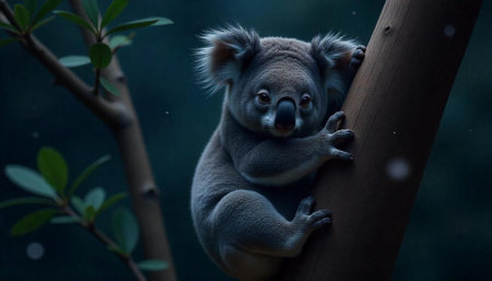 Cute koala clinging to tree trunk in Australian bushの写真素材