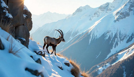 Alpine ibex standing majestically on snowy mountain slopeの写真素材