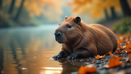 Capybara rests near river in peaceful autumn scenery