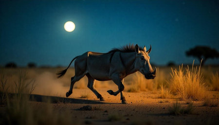 Warthog running in the African savanna under moonlightの写真素材