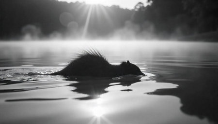 Silhouette of an animal swimming in a lake at sunriseの写真素材