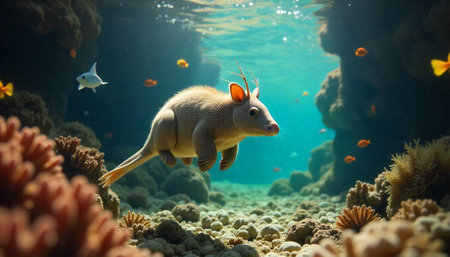 Surreal kangaroo-like creature swimming underwater in a coral reef