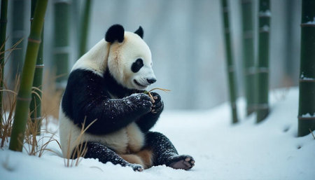 Panda snacking on bamboo shoots in snowy forest settingの写真素材