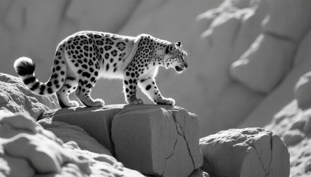 Snow leopard prowling on rocks in black and whiteの写真素材