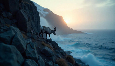 Mountain Goat on Cliff Edge Overlooking the Ocean at Sunsetの写真素材