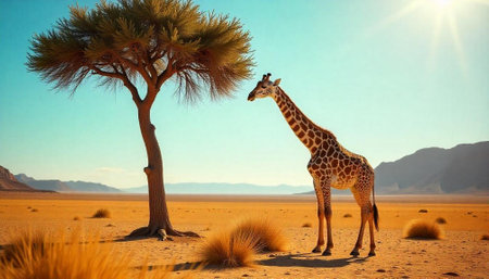 Giraffe standing under tree in African desert landscapeの写真素材
