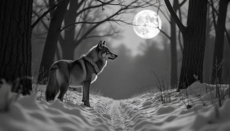 Wolf stands serenely under the moonlight in snowy forest