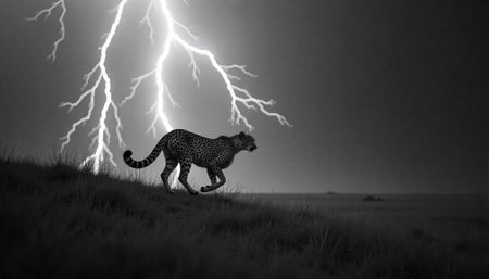 Cheetah running during a thunderstorm, black and white imageの写真素材