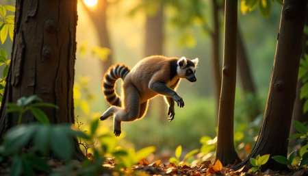 Lemur leaping through a sunlit forest settingの写真素材