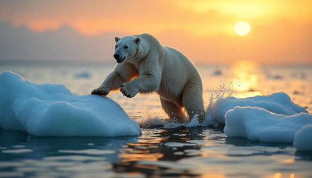 Polar bear jumping from ice floe in arctic sunset