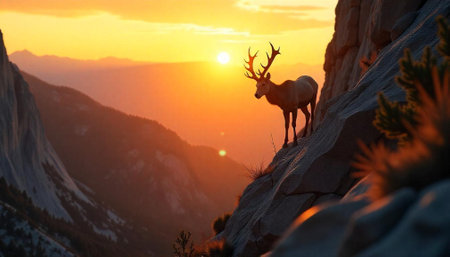 Majestic deer silhouette at sunset in mountainous landscapeの写真素材