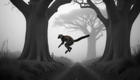 Lemur leaping between trees in a grayscale landscapeの写真素材