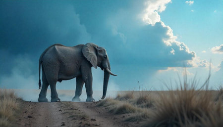 African Elephant Walking on Dusty Road Against Dramatic Sky