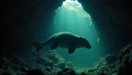 Marine mammal swimming in underwater cave with sun raysの写真素材